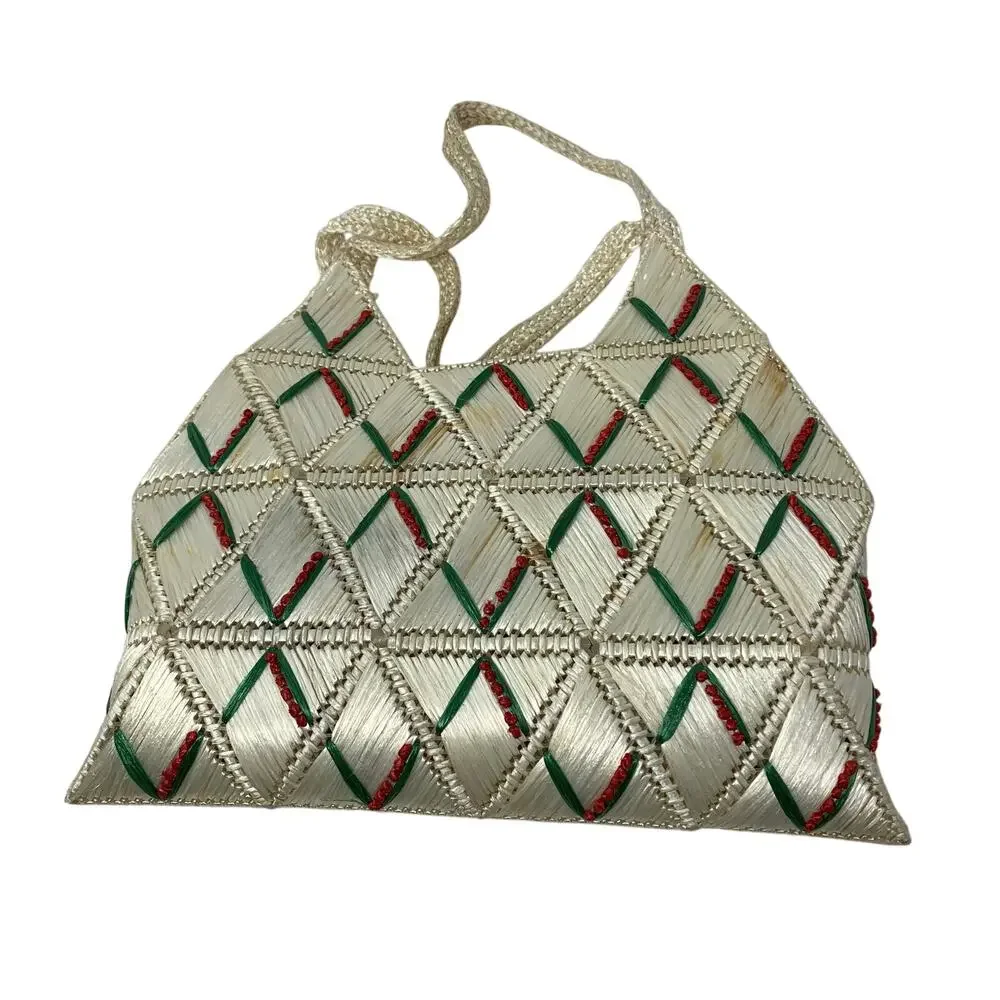 Vintage Woven Raffia Shoulder Bag Red Green Embroidered Folk Art Handbag